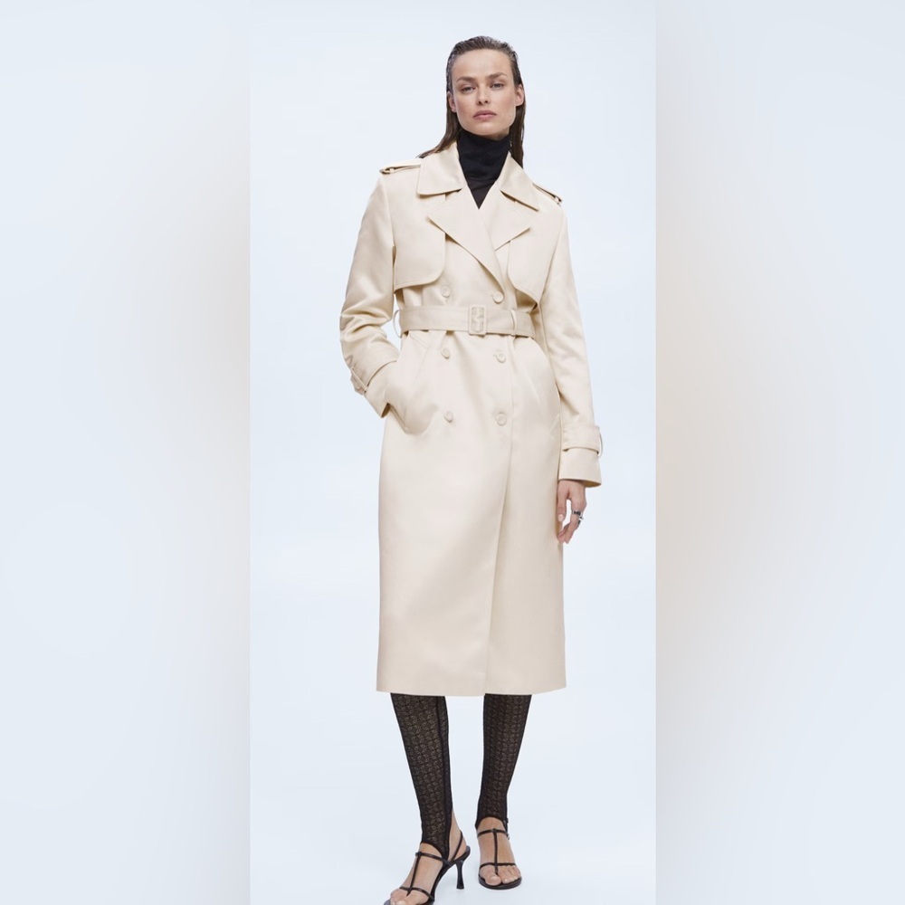 Mango Selection Satin-Effect Trench Coat with Belt Ecru Size M NWT
